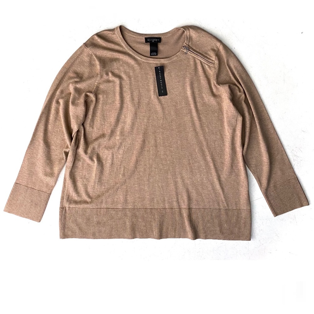 Investments II Nwt Zip Shoulder Coffee Heather Long Sleeve Top 2X